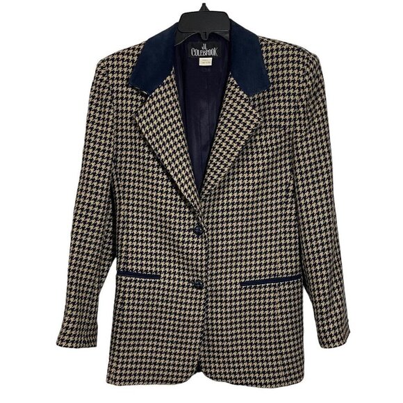 JL COLEBROOK Mohair Wool Houndstooth Blazer Women Small Navy Tan Career Business - Picture 13 of 16